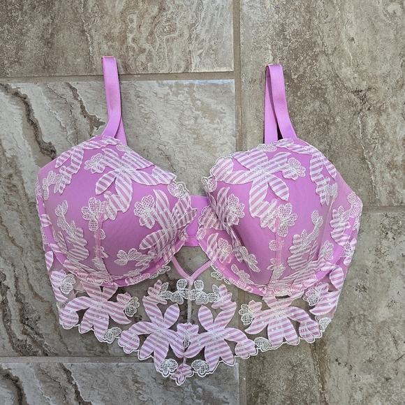 Victoria's Secret LUXE LINGERIE Embroidered Bra Size 36DD  BerryGel Stripe Pink - Picture 8 of 13